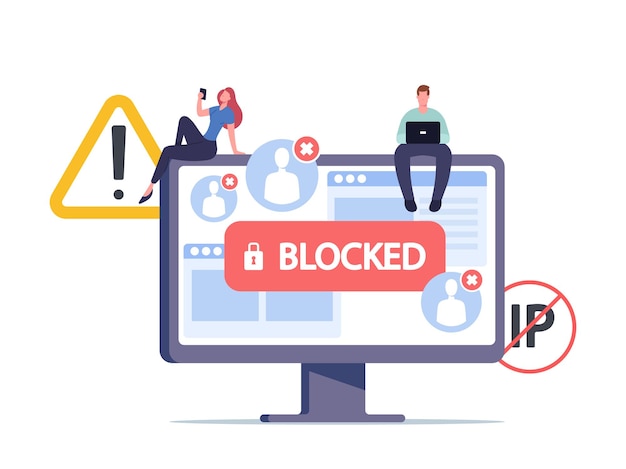 Censorship Blocking or Ransomware Activity Security. Tiny Male and Female Characters Sitting on Huge Computer Monitor with Blocked Account on Screen, Cyber Attack. Cartoon People Vector Illustration