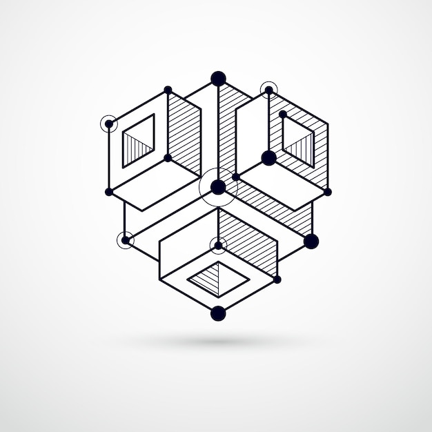 Cetak biru teknis, latar belakang digital vektor hitam putih dengan elemen desain geometris, kubus. Wallpaper teknologi teknik yang dibuat dengan sarang lebah.