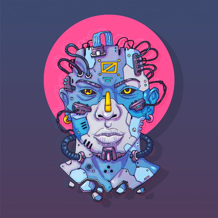 Vector character face in futuristic virtual style. cyber punk  illustration. cartoon art for web and print. trendy cyber art .