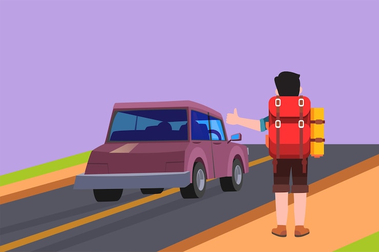 Vector character flat drawing of happy man traveler hitchhiking young tourists with backpacks trying catch car on road holidays adventure tourism travelling logo icon cartoon design vector illustration