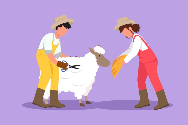 Vector character flat style drawing couple farmers shears sheep to make sweaters results of sheep farming in countryside livestock worker activities successful farming cartoon design vector illustration