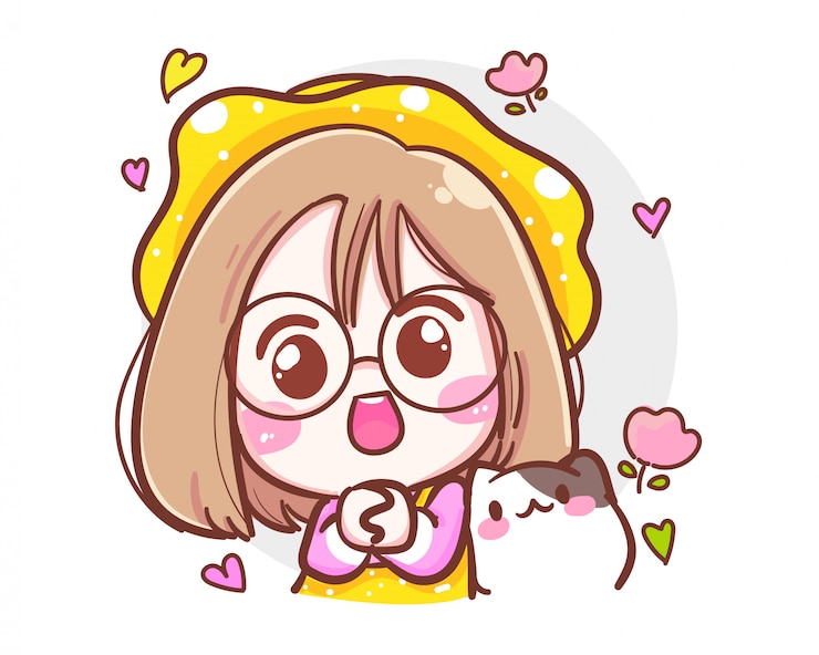 Vector character of cute girl and little cat praying hands  on white background with happy love or hope.