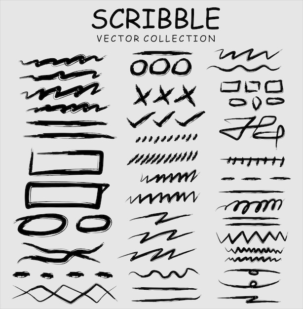 Charcoal pencil curly lines and squiggles Scribble brush strokes vector set Hand drawn marker