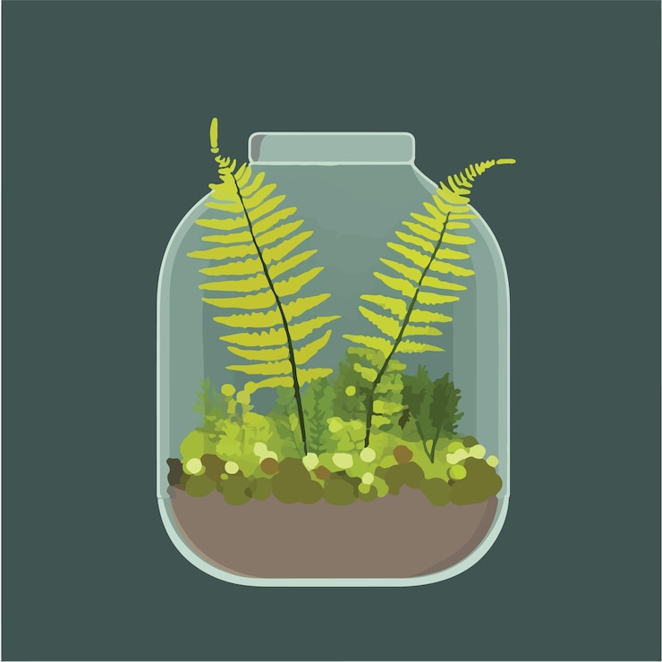 Vector charming arrangement of ferns and moss in a decorative terra pot vector illustration