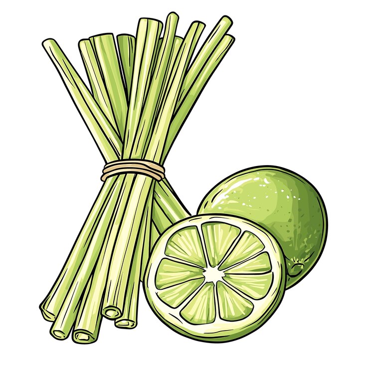 Vector charming handdrawn lemongrass sticks and lime wedge illustration