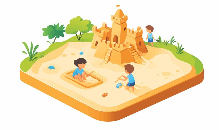 Vector charming vector illustration of kids playing in a sandbox