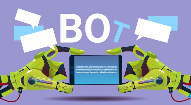 Chat Bot Hands Using Cell Smart Phone, Robot Virtual Assistance Of Website Or Mobile Applications, A