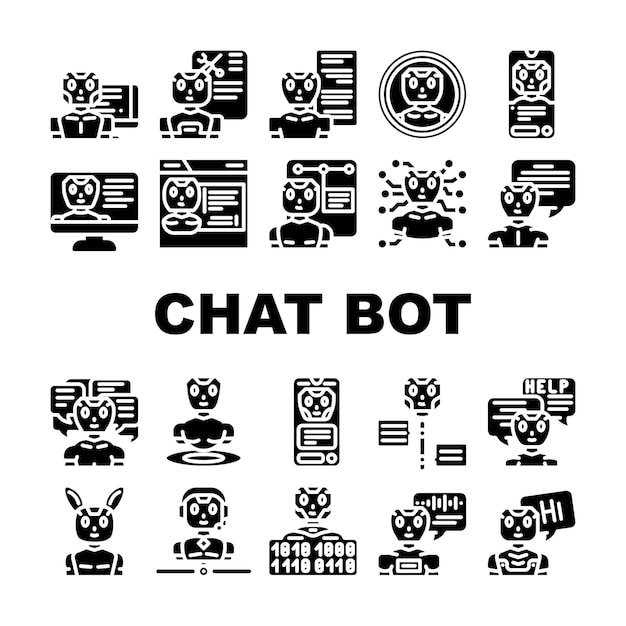 chat bot robot service icons set vector ai chatbot mobile digital support online technology app help phone customer chat bot robot service glyph pictogram illustrations