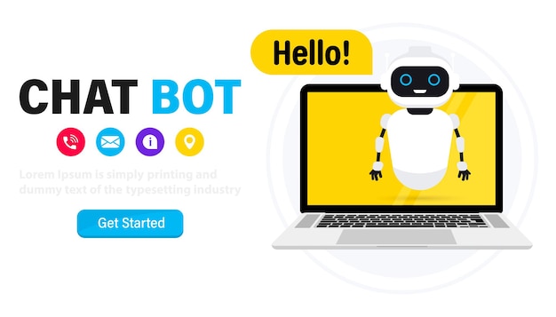 chatbot in laptop. online assistant. communication with a chat bot on laptop computer. talking to a chatbot. artificial intelligence. customer service and support bot. dialog message technical support