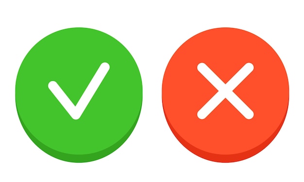 Check mark and cross icon Green and red flat buttons with a white check mark and a cross