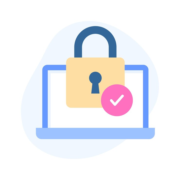 Vector check mark on padlock with laptop denoting verified security flat icon