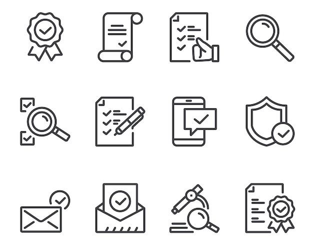 Check testing examination tick approve checkmark flat lined thin isolated icon set