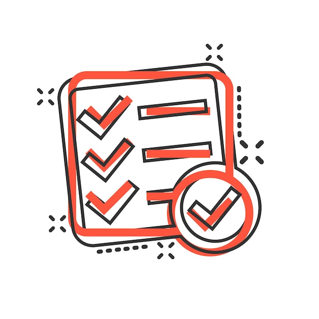 Checklist document sign icon in comic style Survey vector cartoon illustration on white isolated background Check mark banner business concept splash effect