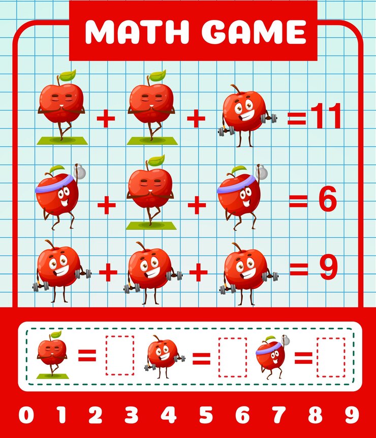 Vector cheerful cartoon red apple characters math game