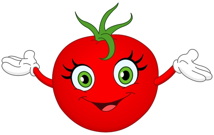 Vector cheerful cartoon tomato raising her hands