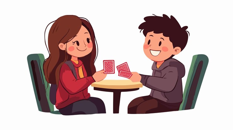 Vector cheerful girl enjoying card game at indoor space