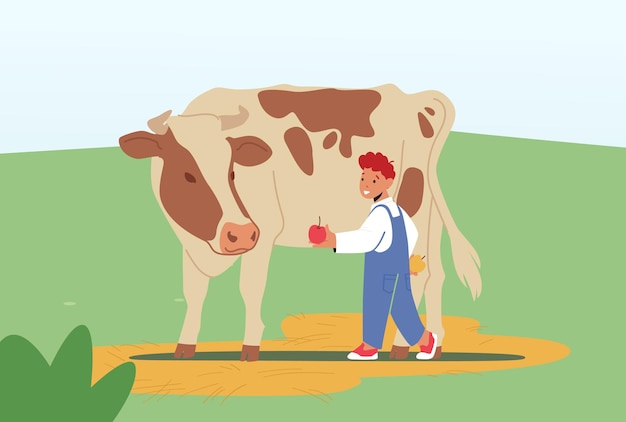 cheerful kid feeding cute cow at farm or outdoor zoo park. little boy giving apple to calf. child character spend time in animal petting park on weekend spare time. cartoon vector illustration