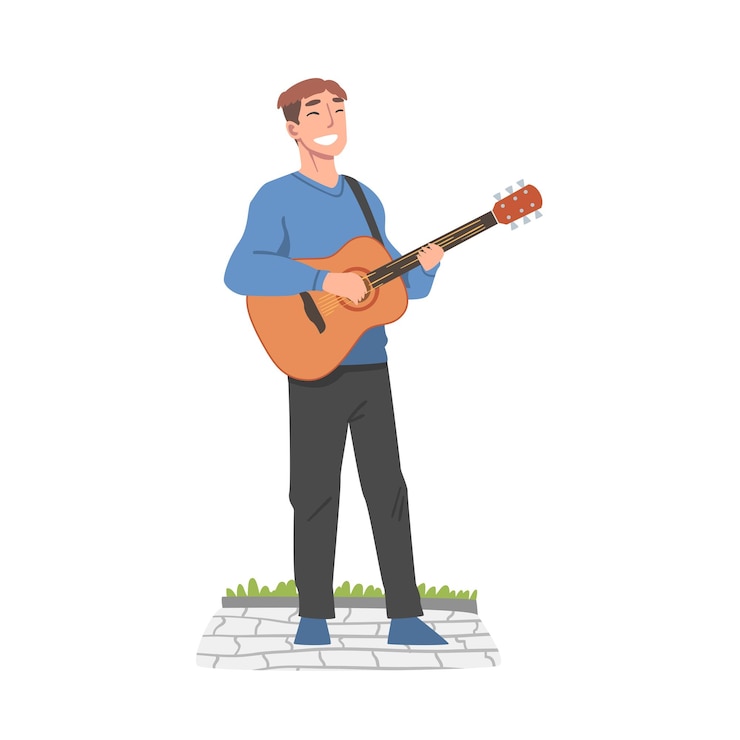 Vector cheerful male street guitarist character playing acoustic guitar live performance concept cartoon style vector illustration