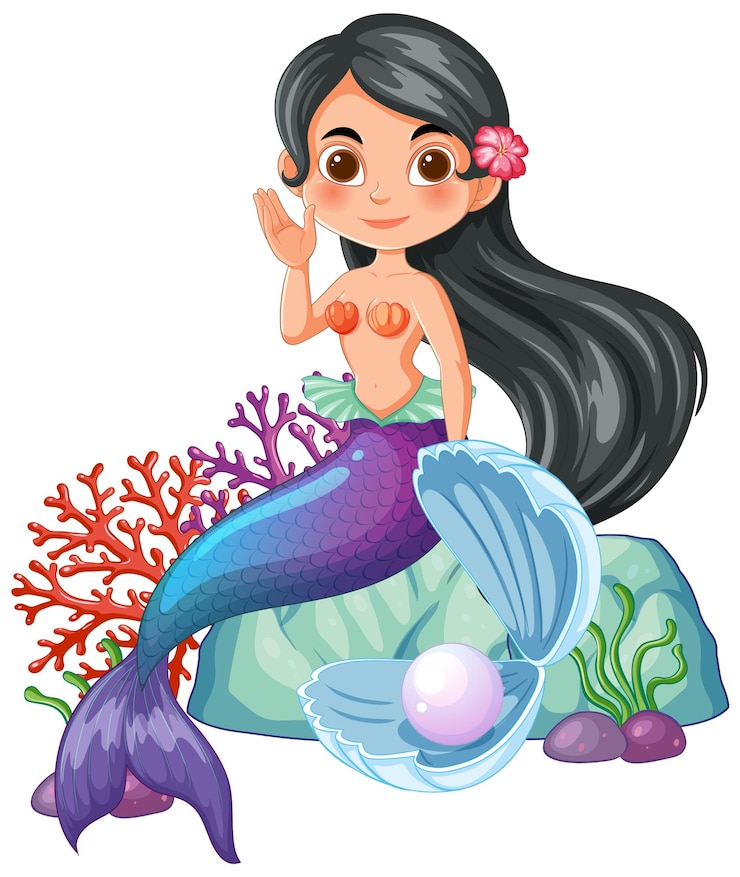 Vector cheerful mermaid waving from coral reef