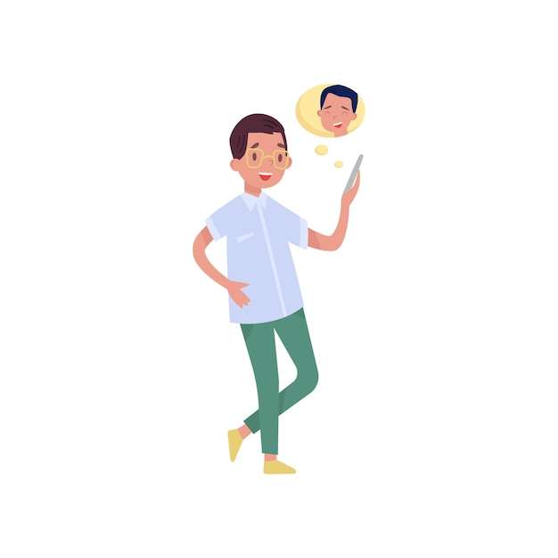 Cheerful teen boy video chatting with his friend over mobile phone Modern technologies and communication theme Flat vector design