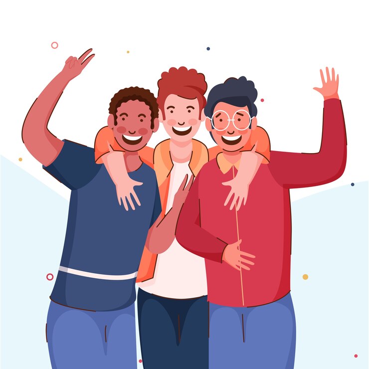 Vector cheerful young boys group hugging