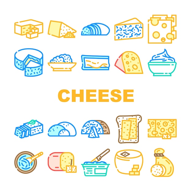 Cheese Dairy Delicious Nutrition Icons Set Vector Cheddar And Mozzarella Blue Cheese And Feta Gouda And Camembert Swiss And Mascarpone Milky Eatery Food Tasty Nutrient Color Illustrations