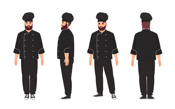 Chef, qualified cook, professional restaurant or kitchen worker wearing black uniform and toque. Male cartoon character isolated on white background. Front, side, back views. Flat vector illustration.