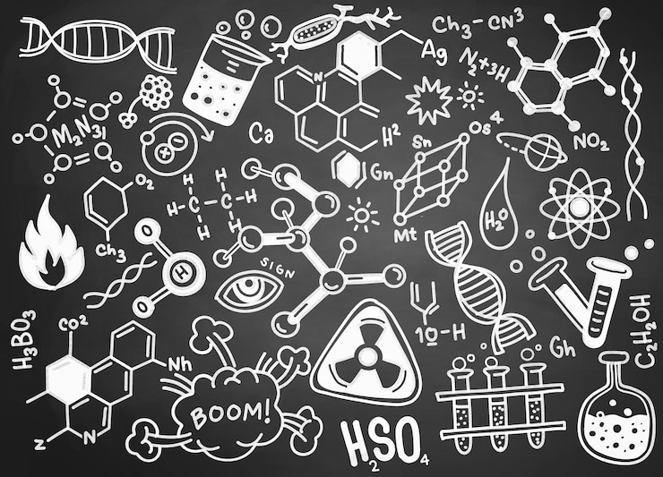 Vector chemistry education math and science pattern with handwritten formulas