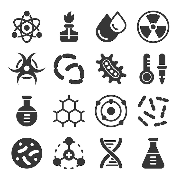 Vector chemistry science details glyph vector icon set pharmacy and chemistry education and science laboratory elements and equipment
