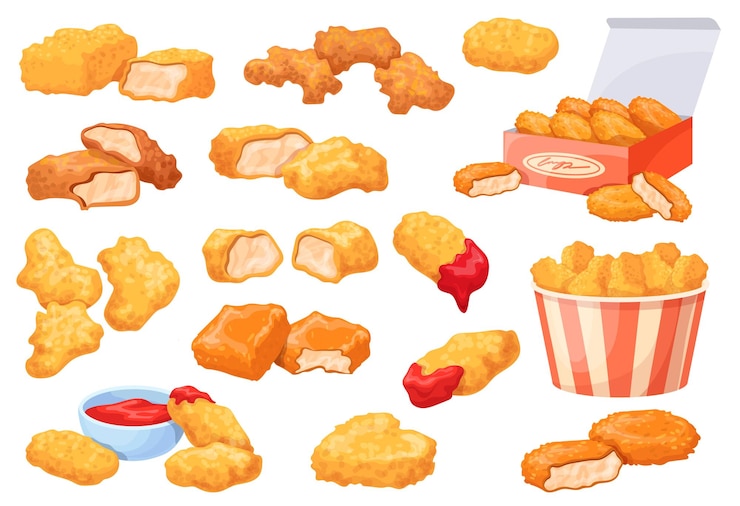 Vector chicken nuggets fried chick nugget with tomato ketchup tenders breaded chickens crispy chips american fast food snack on lunch unhealthy food set cartoon neat illustration