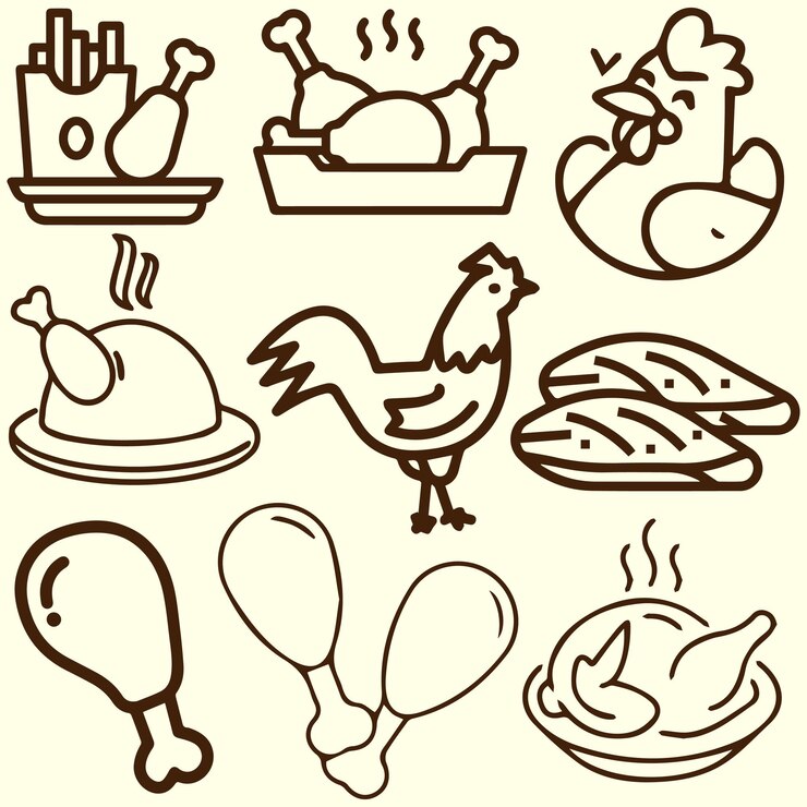 Chicken roast fried crunch nonveg barbecue menu nuggets egg hatch wings rooster vector