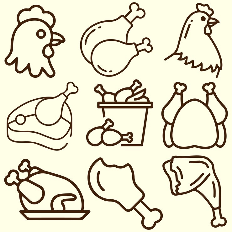 Chicken roast fried crunch nonveg barbecue menu nuggets egg hatch wings rooster vector