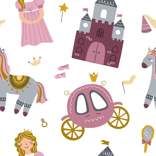 childish seamless pattern with princess castle carriage in scandinavian style on white background creative vector baby background for fabric textile