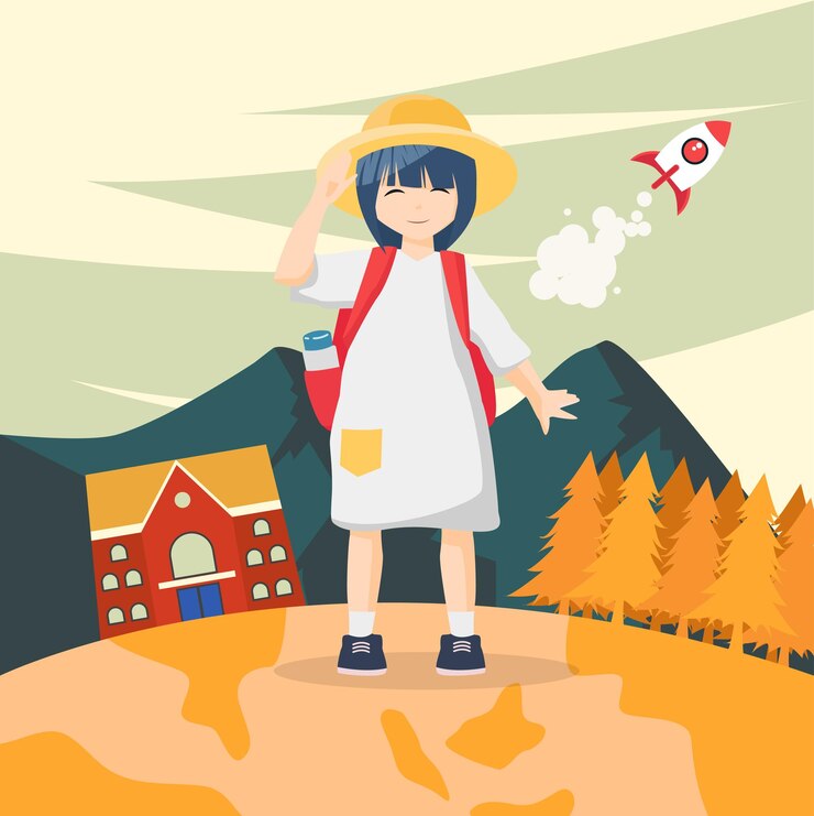 Vector children back to school background cute girl with backpack and straw hat illustration
