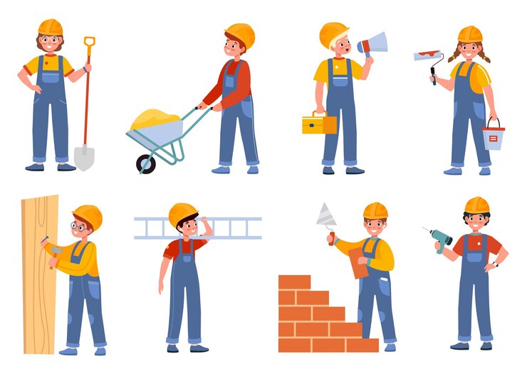 Vector children builders engineer characters kids worker professionals in overalls young constructors with orange helmet teen construction site carpenter and molar vector cartoon isolated set