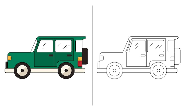 Children coloring book illustration Green Jeep