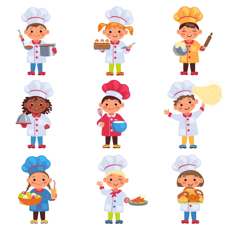 Vector children cooks little chefs with kitchen tools boys and girls cooking food cookers hats and workwear professional training kids baking cakes or bread vector cuisine workers set
