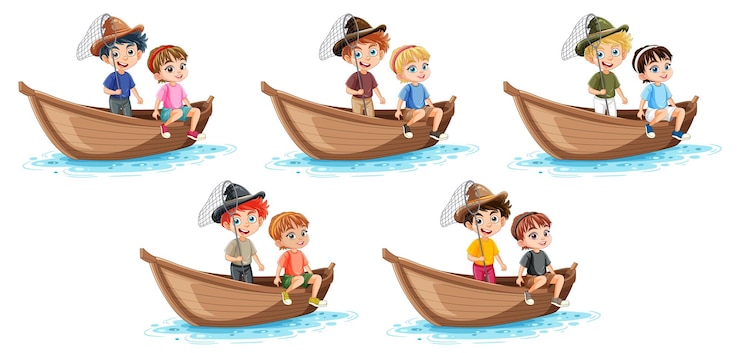 Vector children rowing boats together