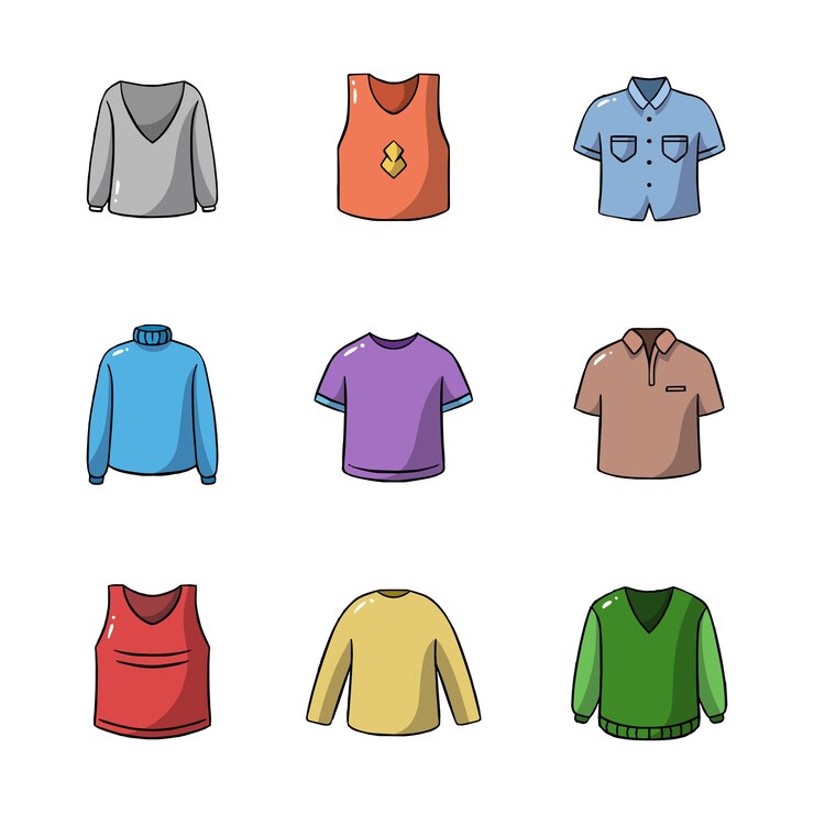 Vector childrens clothes cartoon icons collection hand drawn style with outline isolated illustration