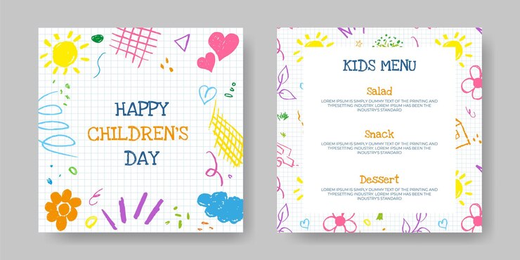 Childrens Day Menu with Doodle Kids Drawing World Kids Day Cards with Hand Drawn Illustration
