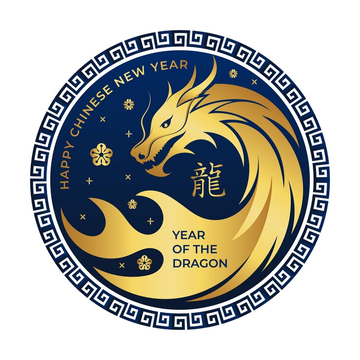 Chinese new year 2024 round badge with golden Dragon Zodiac sign