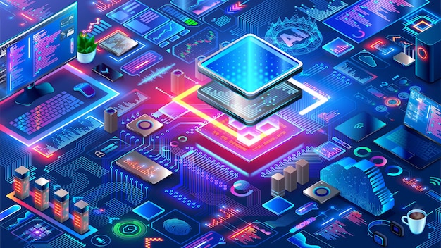 Chip with AI control smart devices Electronics CPU industry Hardware software computer technology Development engineering electronics systems devices AI Processor Artificial Intelligence