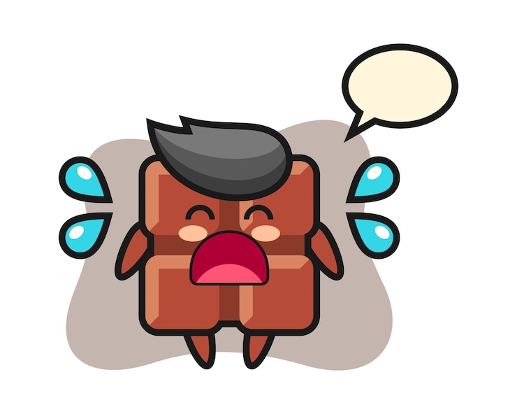 Vector chocolate bar cartoon illustration with crying gesture, cute kawaii style.
