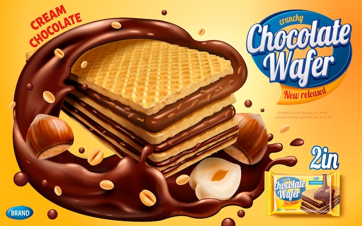 Vector chocolate wafer ads, crunchy cookies with chocolate syrup and nuts isolated on yellow background  