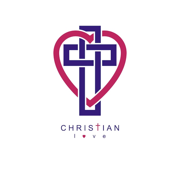 Christian Love and True Belief in God vector creative symbol design, combined with Christian Cross and heart, vector logo or sign.