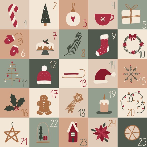 christmas advent calendar with christmas elements and numbers vector graphics