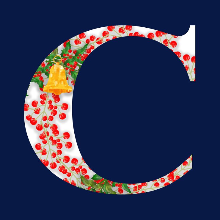 Vector christmas alphabet vector illustration with christmas bell, red berries and holly leaves.