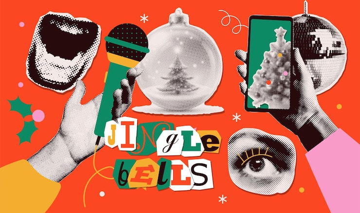 Vector christmas and new year music party paper collage elements in a halftone style templates for posters