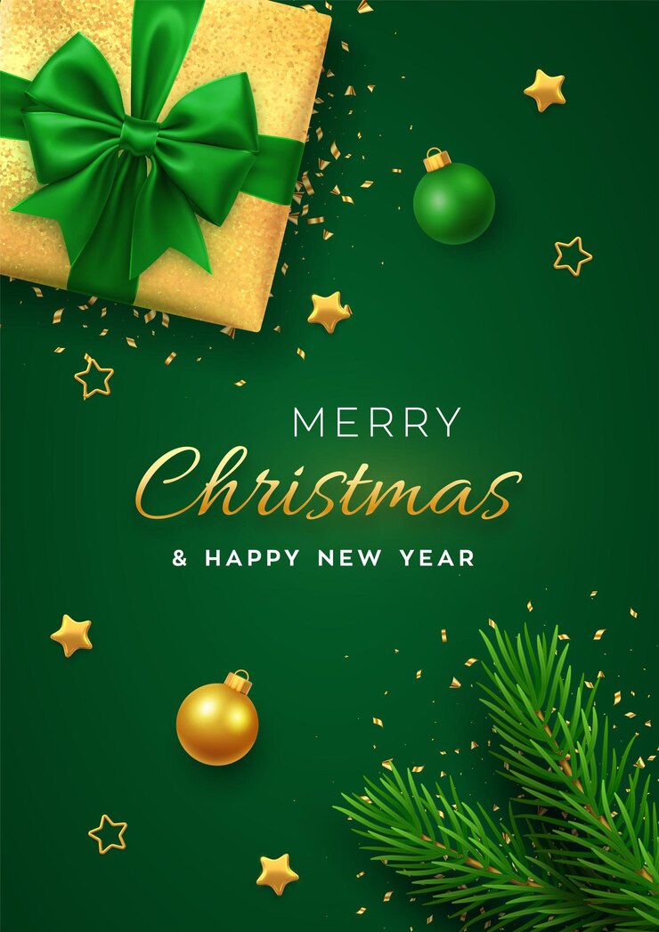 Vector christmas banner realistic gold gift box with green bow pine branches stars balls and confetti
