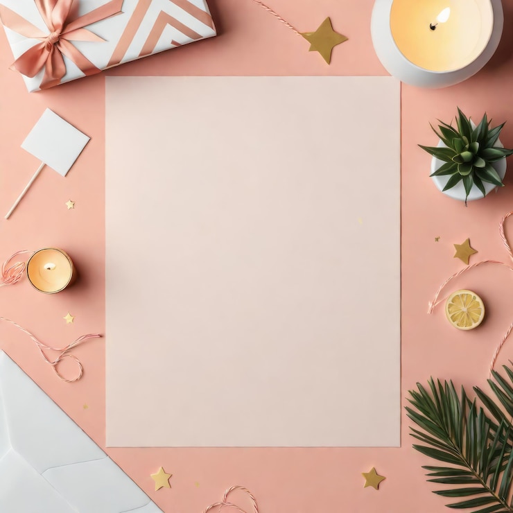 Vector christmas card mockup with christmas decorations on pink paper background flat lay top view